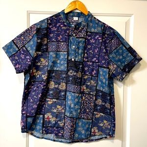 Navy blue patchwork-style button-up shirt - Men’s XL